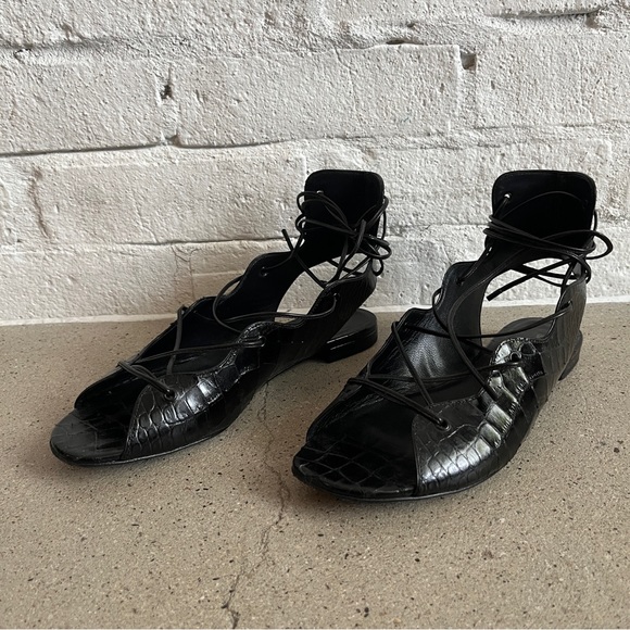 Saint Laurent Croc Embossed Lace Up Flat Sandal in Black - Picture 7 of 9